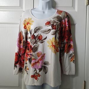 Peck & Peck Collection white floral print beaded lighter weight sweater Sz XL